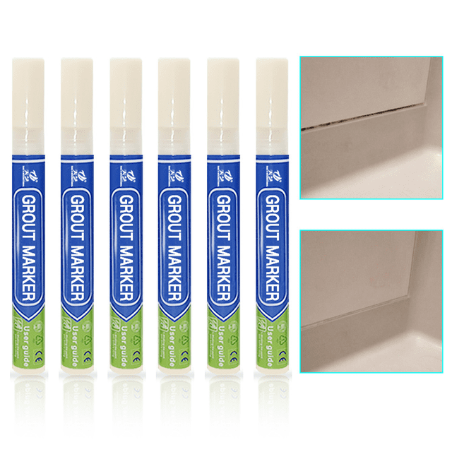 6 Pack Tile Grout Pen Repair Pen Set (3Pcs Beige) Waterproof Marker Grout Restorer. The image shows six grout markers with beige caps and blue-green labels, designed for restoring and recoloring grout lines. The pens are displayed in a row, with close-up examples of grout before and after application, highlighting their effectiveness in renewing dingy or stained grout. Ideal for use on kitchen, bathroom, and living room tiles.