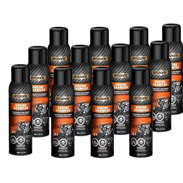Emzone Engine Shampoo, 15.7 ounces, pack of 12. Heavy-duty degreaser for cleaning grease, dirt, and oil deposits on engines, suitable for automobiles, trucks, boats, and industrial machinery. The image displays twelve bottles with black and orange labels featuring engine graphics and safety warnings.