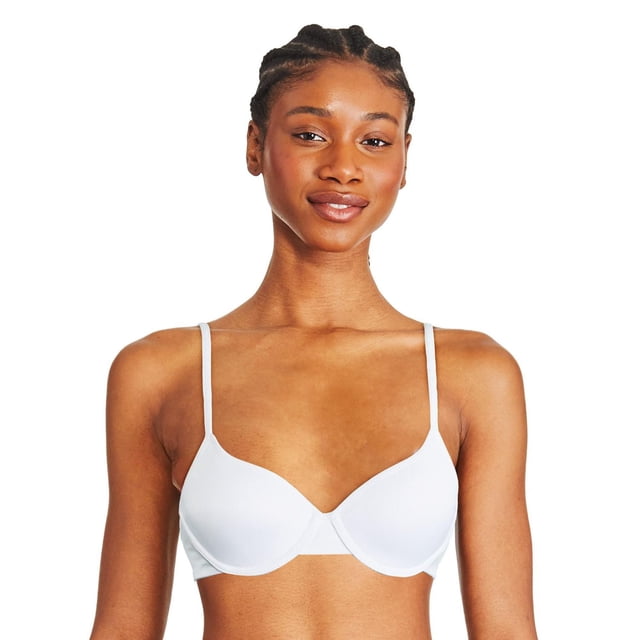 George Women's Microfibre T-Shirt Bra in white, front view showing smooth lightly padded cups with adjustable straps and hook and eye closure, designed for a seamless fit under tops and suitable for everyday comfort.