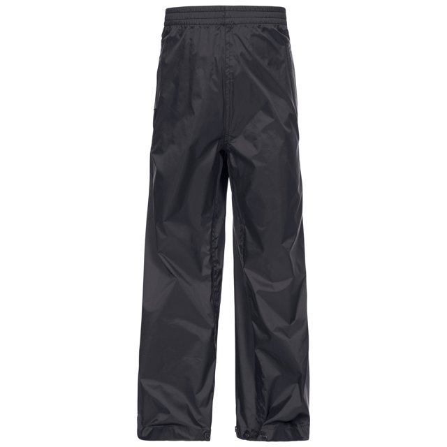 Trespass Pantalon Imperméable pour Enfants, Pliable et Respirant Qikpac de Couleur Noire, Montré dans une Vue Arrière. Ces Pantalons Unisexes Comportent une Taille Entièrement Élastiquée, des Poignets et Chevilles Élastiqués, et des Ajusteurs de Clous d'Ourlet pour un Ajustement Personnalisable. Fabriqués en polyamide 100 % avec Revêtement PU, Ils Sont Imperméables avec une Cote de 5000 mm, Respirants avec une Cote de 5000 MVP, et Coupe-Vent avec des Coutures Rubanées pour une protection Accrue. les