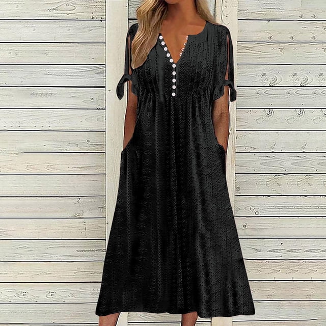 Babysbule Liquidation Robes d'Été pour Femmes, Mode Femmes Décontractée Ample Imprimé Papillon Col en V Manches Mi-Longues Boutons Poches Robe Longue
