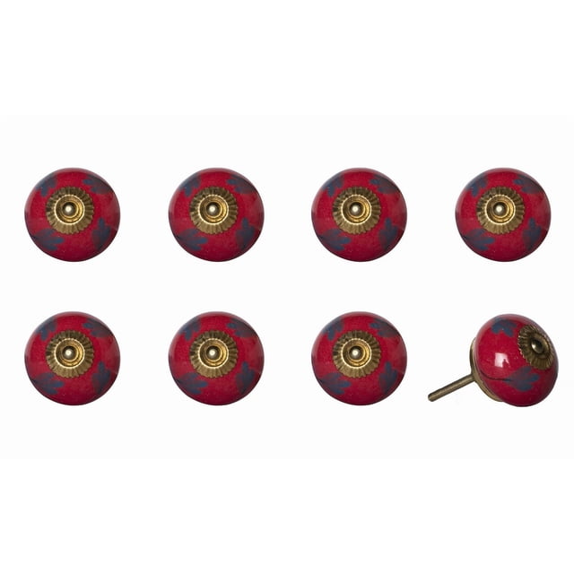 KNOB-IT vintage handpainted ceramic knobs 8 pack featuring round red knobs with blue leaf designs and antique brass centers, one knob shown side view with threaded bolt, suitable for cabinet hardware and drawer updates.
