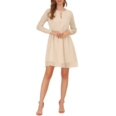 INSPIRE CHIC Women's Dress Gilding Star V Neck Long Sleeve Party Flared A-Line Dress M Beige
