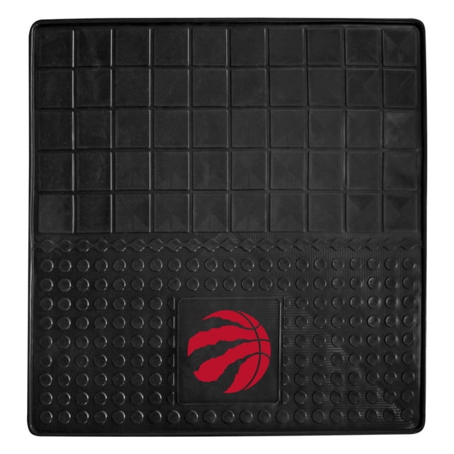 FanMats NBA Toronto Raptors Vinyl Cargo Mat measuring 31 by 31 inches with a black vinyl surface featuring raised square and circular textures and a centered red 3D molded Toronto Raptors claw basketball logo. It has a non-skid nibbed backing and deep pockets to catch dirt and water, suitable for vehicle cargo areas, garages, or porches.