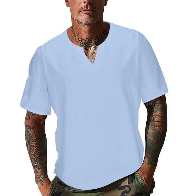 Shirts for Men, Mens Solid Color Round Neck Irregular Pullover Short Sleeve V-neck Blouses Shirts