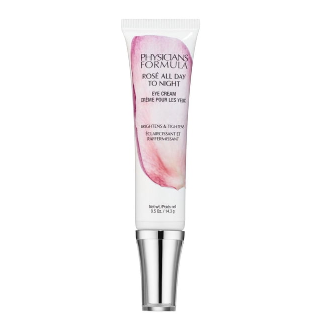 Rosé All Day To Night Eye Cream by Physicians Formula in a white tube with pink watercolor design and silver cap, an antioxidant-packed eye moisturizer that brightens, tightens, and hydrates the delicate under eye area while protecting skin.