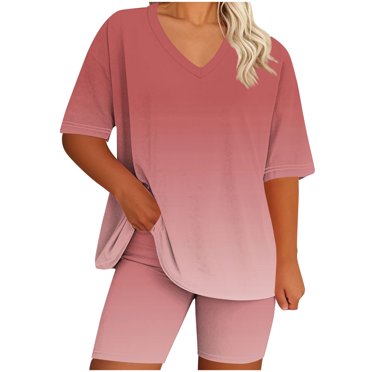 Womens Pajamas Two Piece Plus Size Lounge Sets Gradient Oversized Tshirt Slim Shorts Sleepwear Pjs Weekend Watermelon Red, L