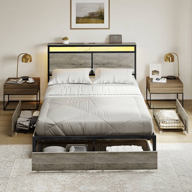 GUNAITO Full Size Bed Frame with Headboard and 4 Storage Drawers, designed for modern bedroom furniture needs. Features a gray finish, sturdy steel and wood construction, built-in USB ports, Type-C outlets, and RGB LED lighting for customizable ambiance. Includes four under-bed storage drawers on pulleys for easy access and floor protection. Noise-free and durable, this bed frame offers a practical and stylish solution for adult customers.