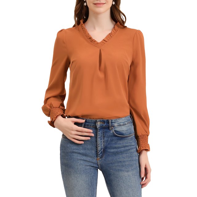 INSPIRE CHIC Blouse à Col en V pour Femme à Ourlet Rond Haut à Manches Longues G Orange