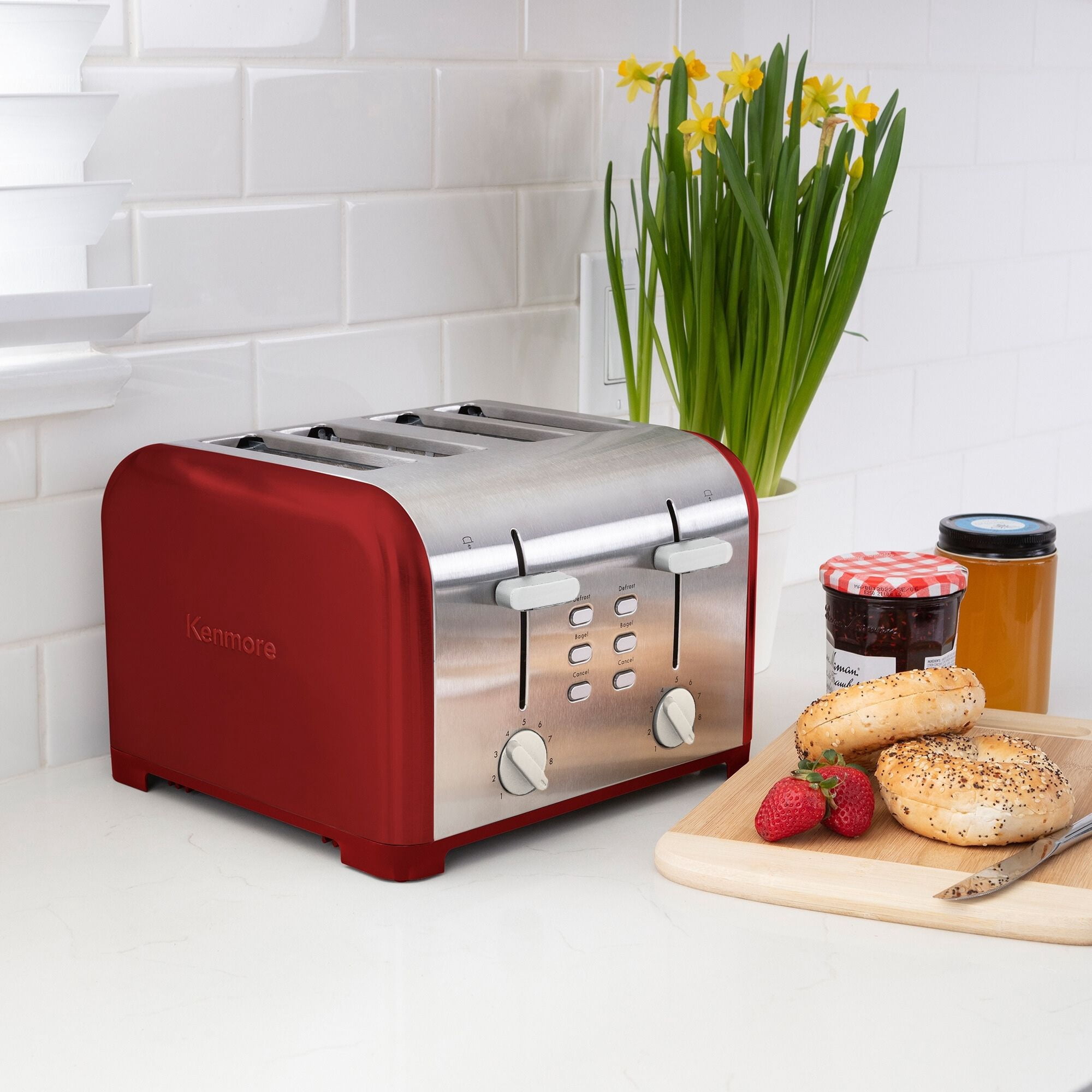 Kenmore Grille-pain 4 tranches en acier inoxydable, commandes doubles, fentes extra larges, 9 niveaux de brunissage, pour muffins anglais et plus