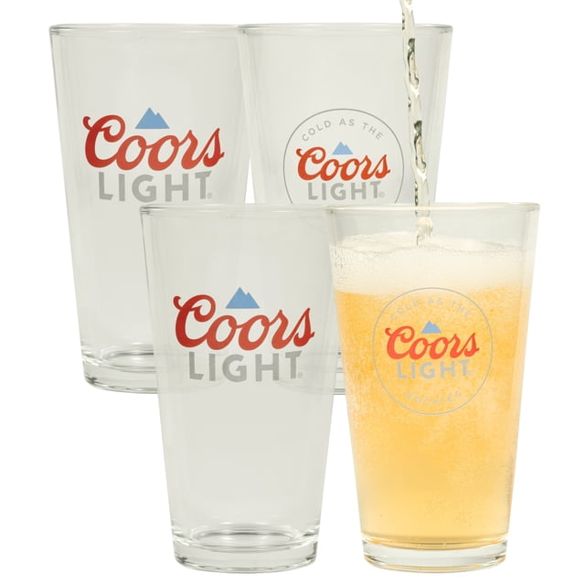 Coors Light Beer Glasses 16oz pint glass set of 4 featuring clear glass with the red Coors Light logo and blue mountain icon, one glass being filled with beer showing golden liquid and foam, suitable for serving beer or other beverages during gatherings.