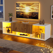 Noble House Three-Tier TV Stand for TVs up to 70" with Glass Shelf,White + Natural Wood