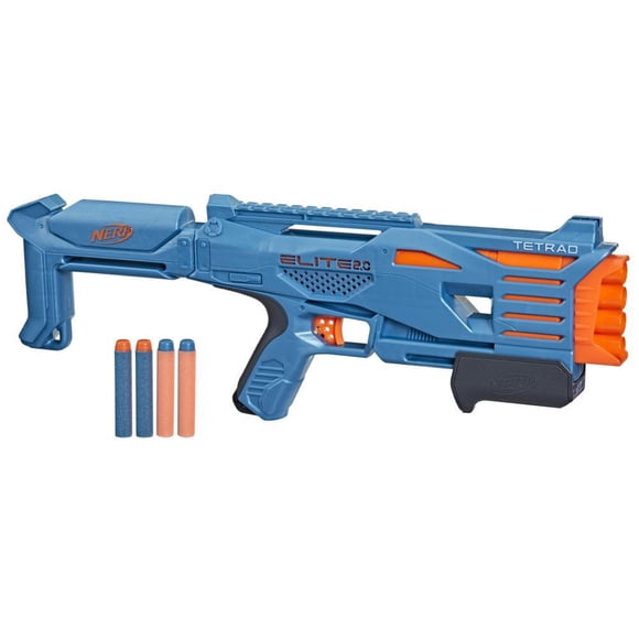 Nerf Elite 2.0 Tetrad QS-4 Blaster , 4 Nerf Elite Darts, 4-Barrel Blasting, Tactical Rail for Customizing Capability