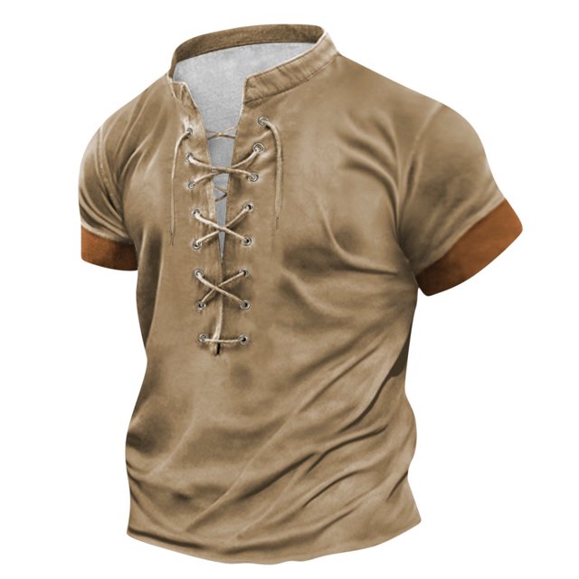 Birdeem T-Shirt Vintage à Lacets Manches Courtes Col Rabattu Patchwork pour Hommes