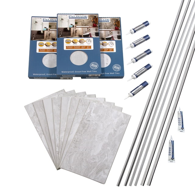 PALISADE 25.6in x 14.8in Vinyl Wall Tile Shower Kit in Iced Pewter front-facing view of interlocking vinyl wall panels with iced pewter finish, visible tongue-and-groove edges and matching trim pieces on a neutral background; notes waterproof interlocking design, rigid core durability, included adhesive and sealant, suitable for DIY shower wall installation and often used to refresh tub surrounds.