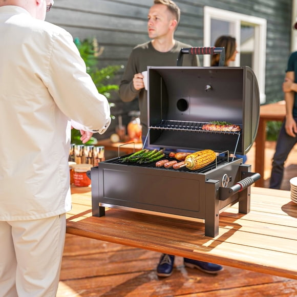 Fumoir à Charbon de Table, BBQ Portable avec Récupérateur de Cendres et Thermomètre pour Cour Arrière, Camping, Pique-Nique