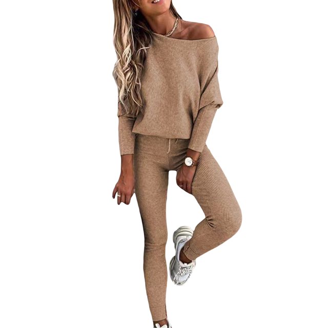 Opperiaya Women's 2 Pieces Ribbed Tracksuit Outfits Solid Color Off Shoulder Long Sleeve Tops Drawstring Long Pants Set