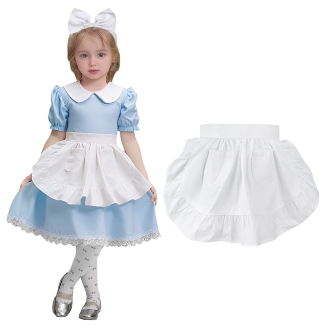 Aspire Waist Apron with Pockets, Kid's Kitchen White Half Apron, Ruffle Cotton Costume Maid Apron for Cooking
