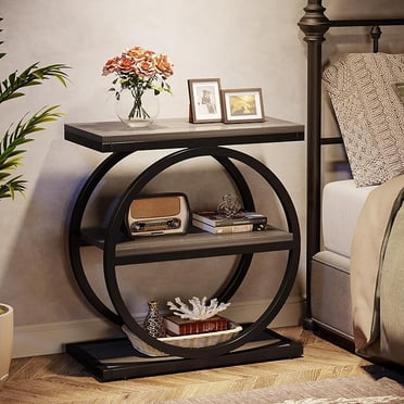 Tribesigns End Table with 3 Storage Shelves, Wood Side Table with Black Metal Frames, Gray