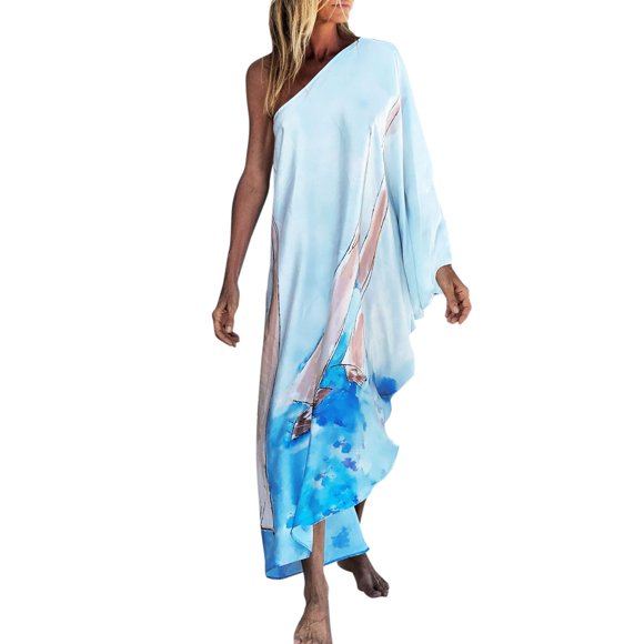 Women Beach Cover Ups Dress One Shoulder Irregular Robes Holiday Beachwear