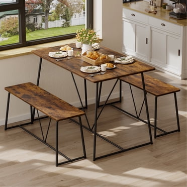 Pinmoco 3pcs Dining Table Set with 2 Benches Rustic Dining Room Table Set