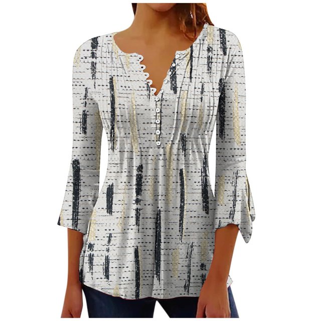 CEHVOM T-Shirt Mode Femme Imprimé Décontracté Col en V Manches 3/4 Blouse Tops Liquidation