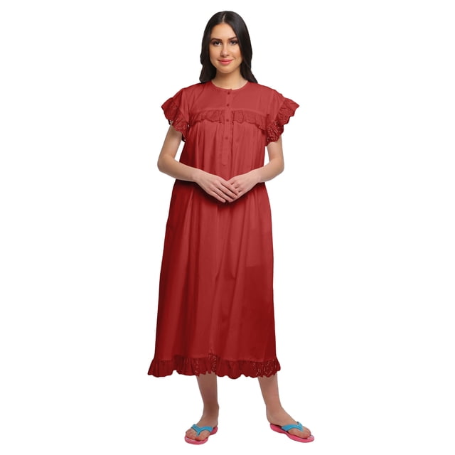 Moomaya Womens Lace Border Sleepwear For Ladies Button Placket Nightdress