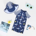 thumbnail image 2 of Toddler Swimsuit Boys Shark Print One Piece Zipper Swimsuit Kids Water Sport Short Sleeve Swimwear Bathing Suits with Hat Maillot De Bain Enfant Blue 12 Months-18 Months, 2 of 7