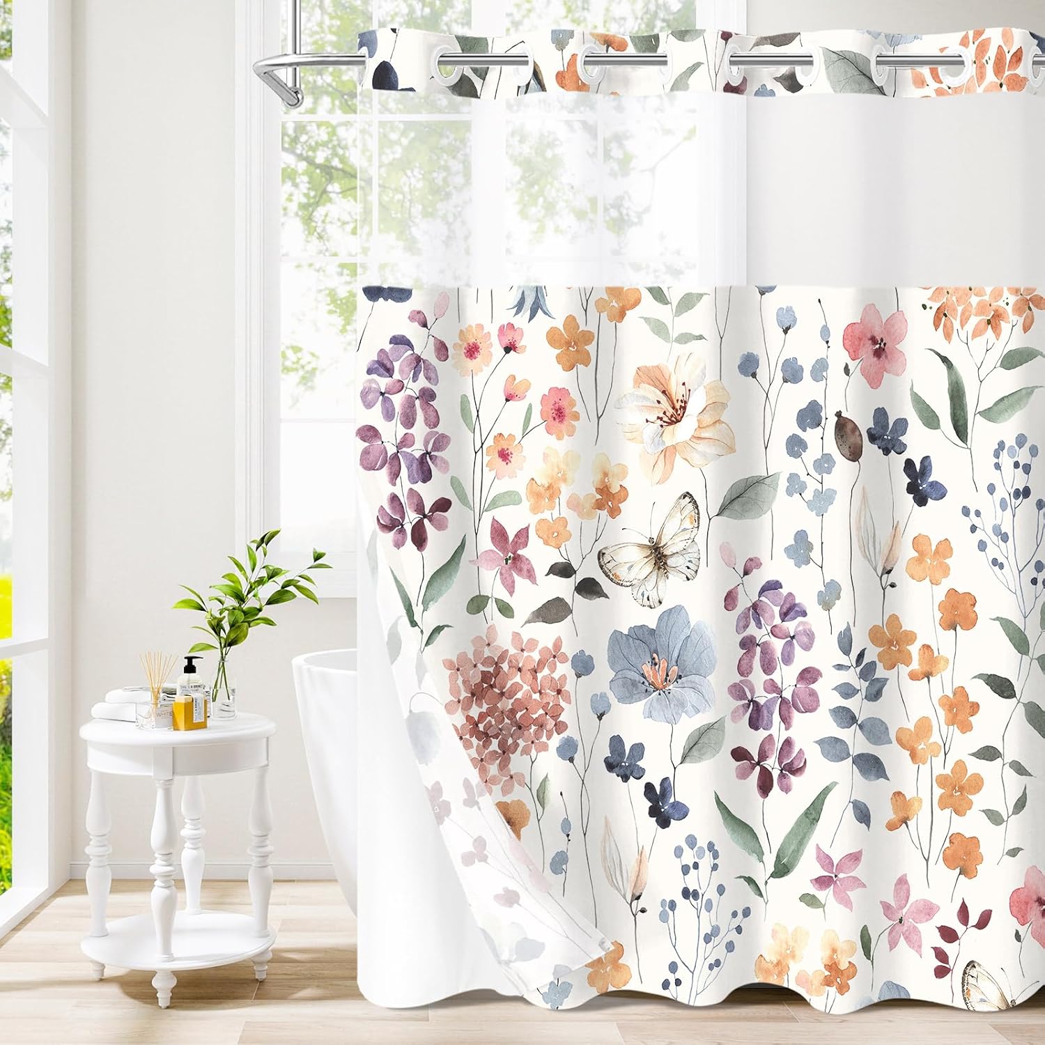 Extra Long No Hook Ivory Watercolor Floral Shower Curtain and Liner Set, Flower Shower Curtains with Snap in Liner for Farmhouse Decor, Modern Botanical Bathroom Curtain with Leaves, 72x86