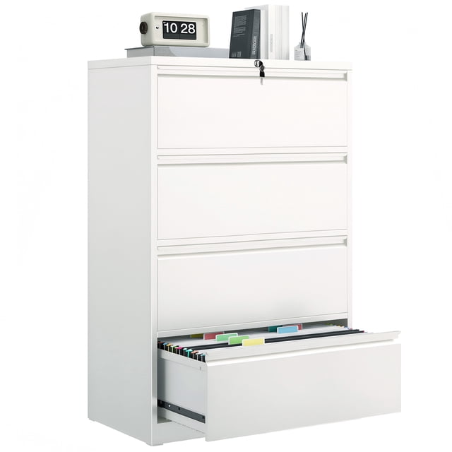 File Cabinet with 4 Drawers, Locking Metal Filing Cabinet for Home Office, shown in a sleek white finish. The cabinet features four spacious drawers, one of which is open to display organized letter and A4-sized files. A locking mechanism is visible on the top drawer for added security. The cabinet is crafted from heavy-duty steel, ensuring durability and a modern aesthetic, suitable for both home and professional office settings.