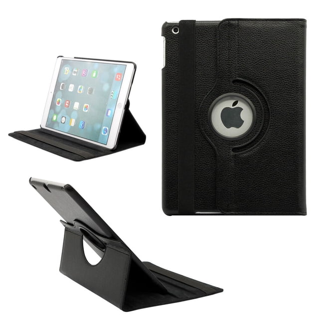 PST iPad Air 1 / Air 2 / iPad 5th 6th Gen. 9.7" Rotation Case, 360 Degree Rotating PU Leather Stand Smart Case Cover in black. Features a shockproof hard back for protection, a soft microfiber lining to prevent scratches, and an elastic band for secure closure. The case allows 360-degree rotation for both vertical and horizontal viewing. Includes precise cutouts for easy access to ports, jacks, and the camera. Shown in a standing position and a closed view with the Apple logo visible through the circular cutout.