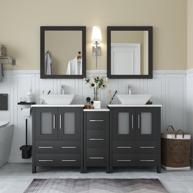 Vanity Art 60 in. W Double Sink Bathroom Vanity with Engineered Marble Top and Two Free Mirror
