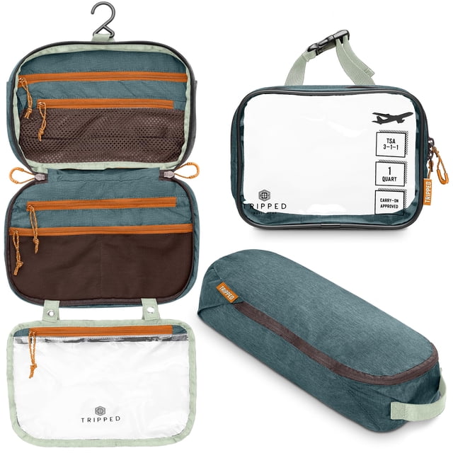 Toiletry Bag Kit Set by TRIPPED Travel Gear in green, featuring a 3-piece set including a hanging travel toiletry bag, a TSA-approved 311 liquid bag, and an ultralight accessory organizer pouch. The hanging bag has mesh and zippered compartments with a detachable clear plastic bag for liquids, secured with metal snaps. The TSA liquid bag is quart-sized with a quick clip for hanging, and the accessory pouch is ideal for organizing makeup, electronics, or travel essentials. Made with lightweight 70D nylon/poly blend and YKK zippers for durability.
