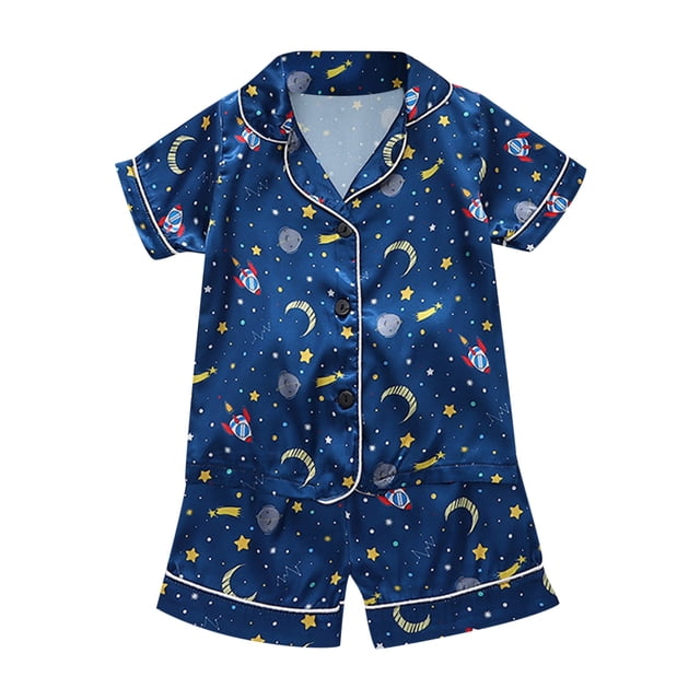 Trolimons Pyjama à Manches Courtes Respirant de Printemps pour Fille, Bleu Foncé