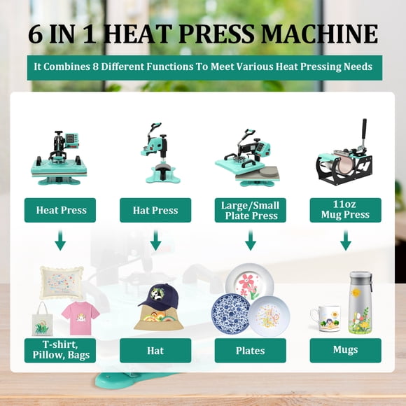 Kojooin 8 in 1 Heat Press Machine, Swing Away Digital Sublimation Combo for T-Shirts, Caps, Bags and More