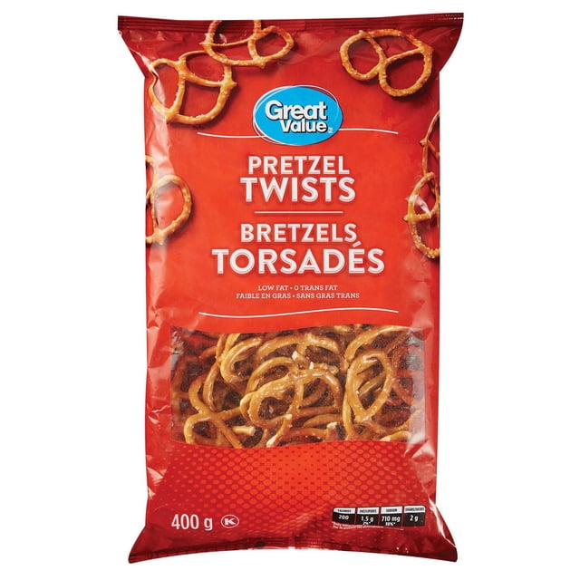 Great Value Large Pretzel Twists in a red 400 g bag with a clear window showing crunchy pretzels inside, labeled low fat and zero trans fat, often used as a salty snack or for party platters.