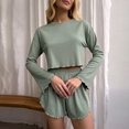 thumbnail image 2 of Tnhcen Ensemble de Pyjama pour Femmes, Haut Court à Manches Longues Douillet et Short à Volants - Ensembles de Pyjamas à Col Rond Confortables pour Femmes, Tenue de Détente Extensible S-TG, 2 of 9