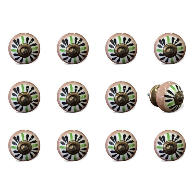 KNOB-IT vintage handpainted ceramic knobs 12-pack with 1.5-inch round pink ceramic knobs featuring black and green floral patterns and antique brass bolt centers, arranged in three rows with one knob tilted to show the 1.25-inch bolt, ideal for updating cabinets, drawers, and cupboards.