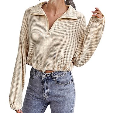 CEHVOM Women's Short Sweater Zipper Lapel Knitted Pullover Long Sleeve Top