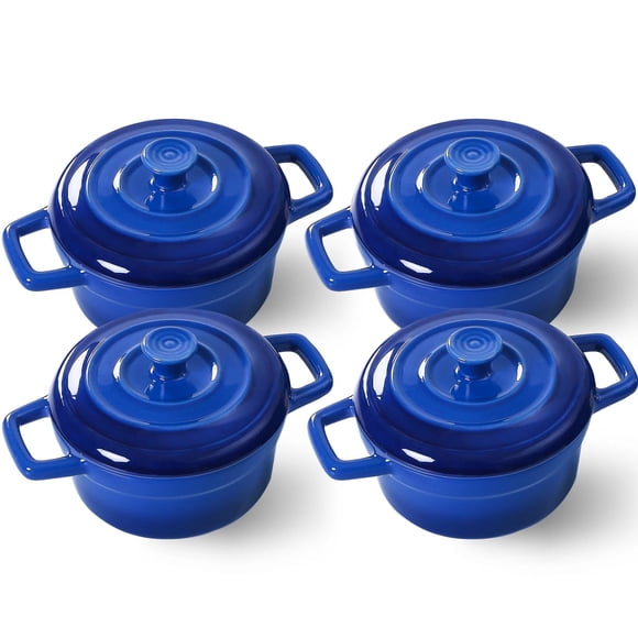 Lareina Mini Cocotte - Plats à Casserole en Céramique 12 Oz - Ensembles de Casseroles de Cuisine avec Poignées et Couvercle - Petits Ramequins de Cuisson - Va au Four, au Micro-Ondes et au Lave-Vaisselle - Ensemble de 4 - Bleu