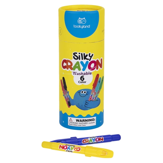 TOOKYLAND Washable Gel Crayons - Silky Twist Up Non-Toxic Crayons for Kids. The image features a vibrant yellow and blue tube-shaped case labeled 'Silky Crayon Washable 6 Color' with a playful cartoon character holding crayons. Two twistable gel crayons, one yellow and one blue, are positioned in front of the case. These multicolour crayons are ideal for colouring, drawing, and body painting, offering a twist-up design for easy application and mess-free storage.