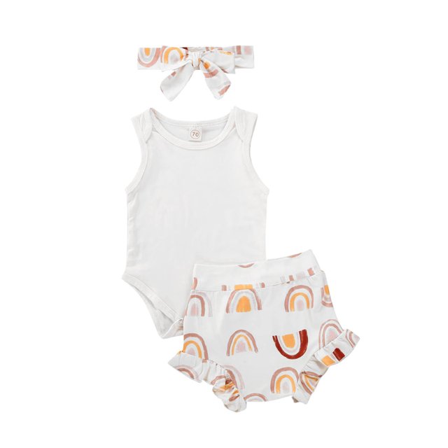 ITFABS Infants Round Neck Jumpsuit + Soft Touch Short Trousers Bow Hairband Set