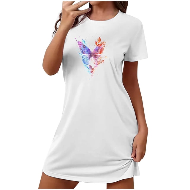 Mrat Chemises de Nuit en Coton pour Femmes Robe pour Femmes Vêtements de Nuit Manches Courtes Chemise de Nuit Décontractée Imprimée Robe de Sommeil Ample Confortable Pyjama Chemise de Nuit P-98 Blanc TG