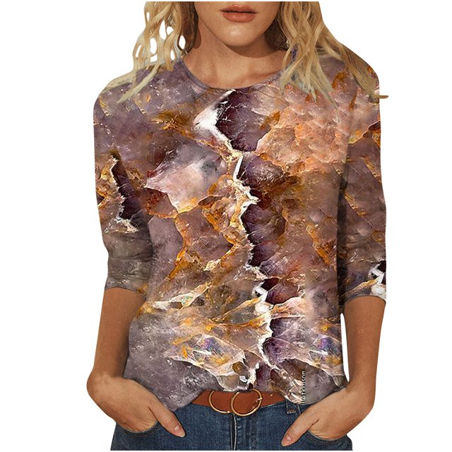 Pompotops T-shirt Imprimé Loose Mode Femme Manches 3/4 Blouse Col Rond Tops Décontractés Dégagement