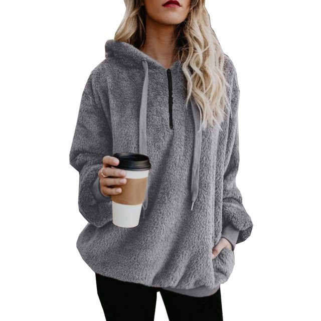 Womens Fuzzy Sherpa Hoodies Pullover Zip Fleece Sweatshirt Outwear