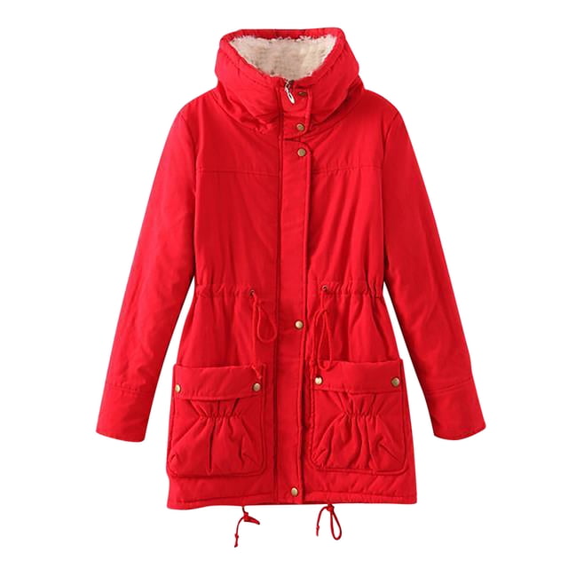 IROINID Women's Mid-Length Anorak Jacket Coat Solid Color Long Sleeve Buttons Pockets Coat Plus Fleece Jacket Outwear Top, Red