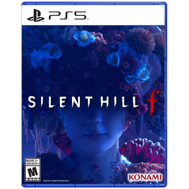 Silent Hill f PS5 game cover Montrant un Fond Bleu Foncé avec des Fleurs Bleues et Rouges Complexes Entourant la Tête et les Épaules de la Figurine Centrale, Reflétant l'Horreur Psychologique et le Cadre Japonais Inquiétant du Jeu, Publié par Konami.