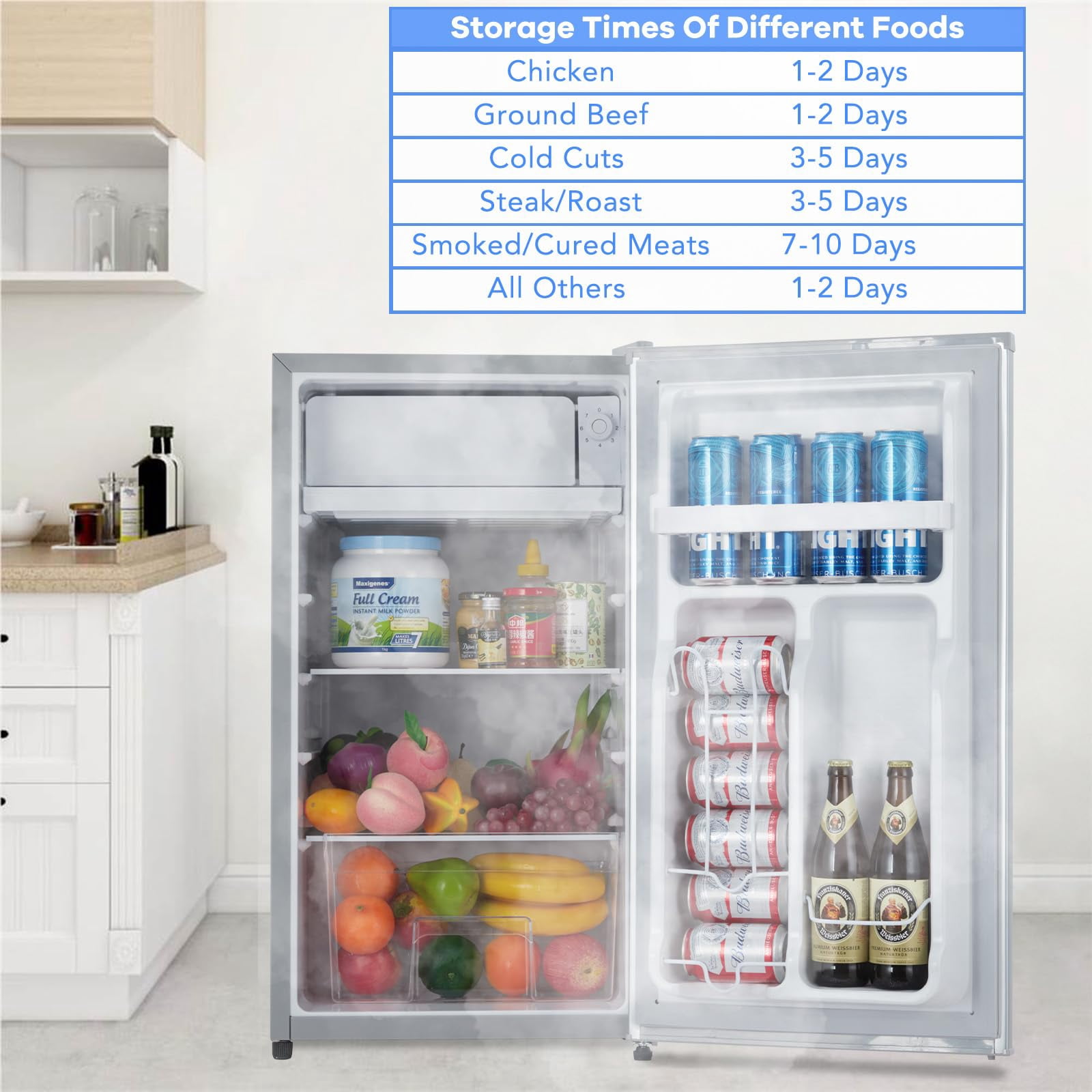 Tookss 3.2CU FT Portable Single Door Fridge 110V-91L Reversible Refrigerator with 5 Adjustable Thermostat & LED Light