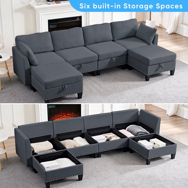 Puremind 6 Piece Modular Sectional Sofa with Movable Ottoman, U/L Shaped Sectional Couch with Storage, Convertible Sleeper Sofa for Living Room/Apartment, Dark Gray