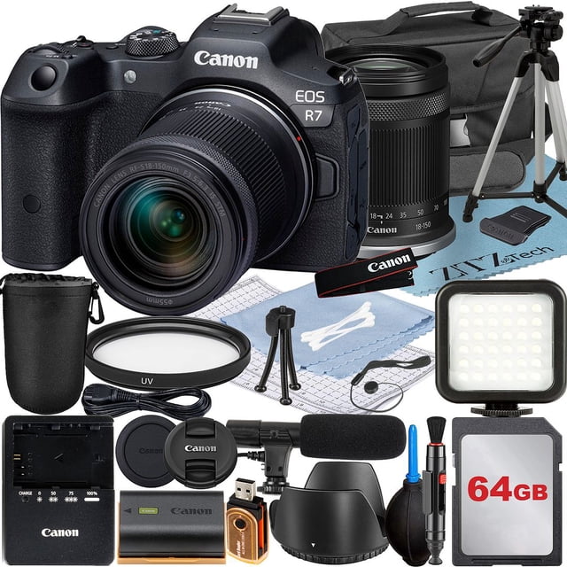 Canon EOS R7 Appareil Photo Sans Miroir avec Objectif RF-S 18-150mm + Carte Mémoire 64 Go + Étui + Flash LED + Ensemble d'Accessoires ZeeTech